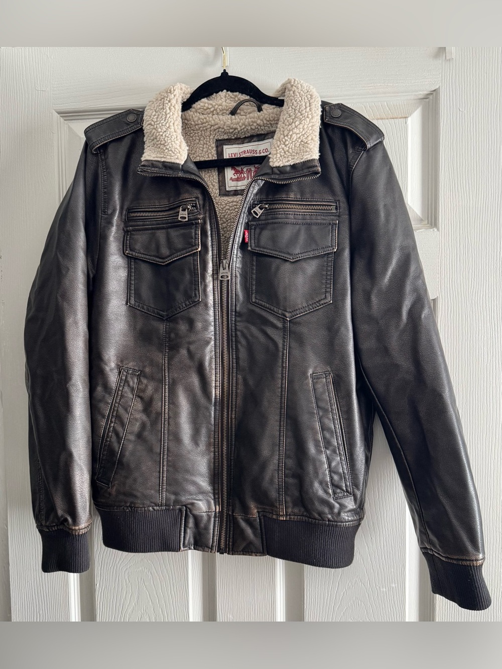 Levi's Men's Brown Sherpa Collar Faux Leather Bomber Jacket NWOT